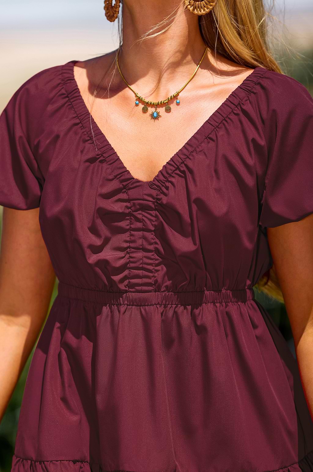 Red V-Neck Short Puff Sleeve Mini Dress