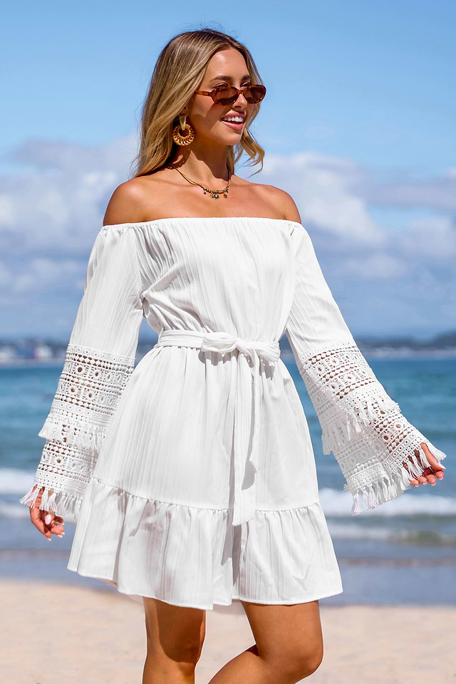 White Off-Shoulder Tiered Tassel Sleeve Mini Dress