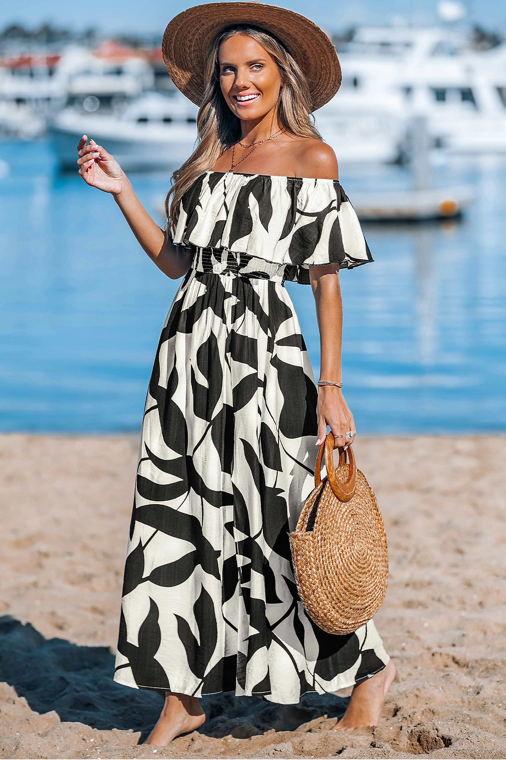 Black & White Tropical Off-Shoulder Maxi Dress