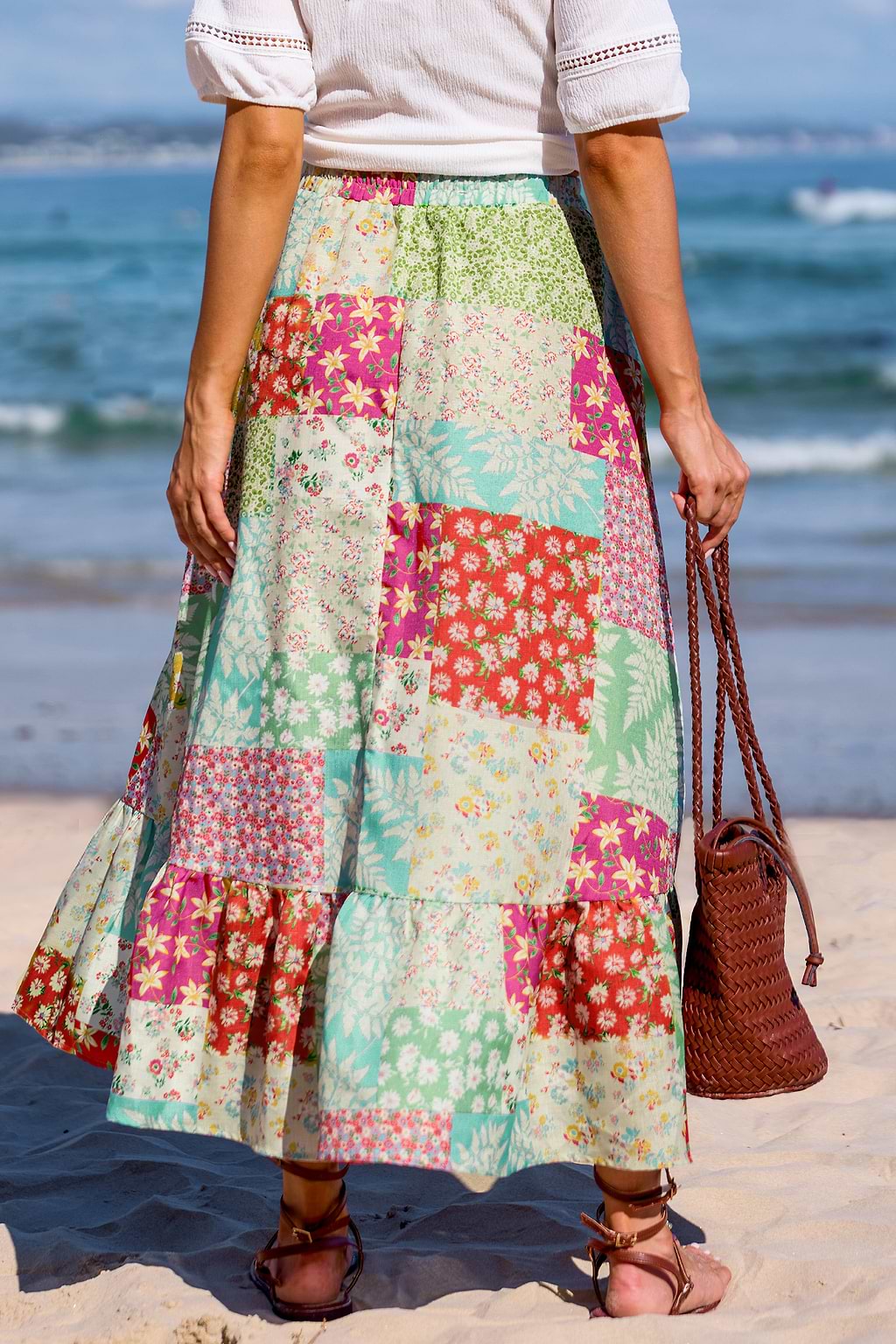 Floral Patchwork Ruffled Midi Skirt