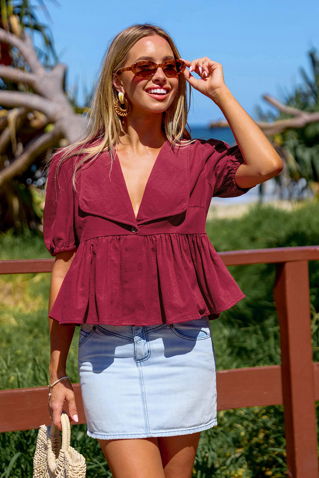 Cranberry Collared Short Sleeve Cropped Top