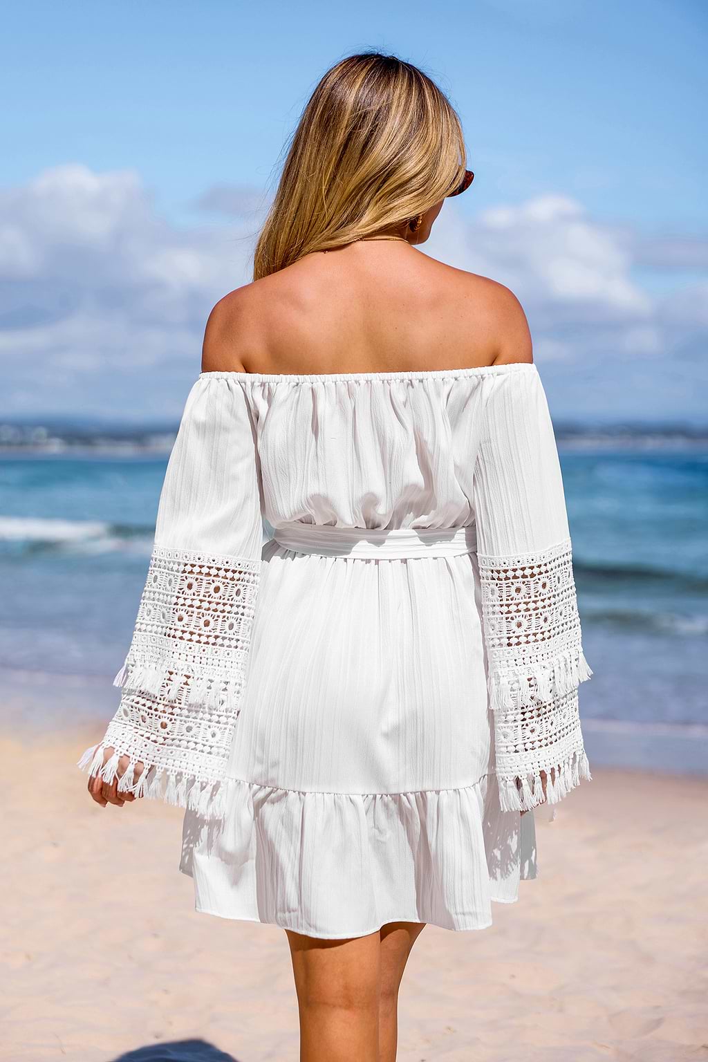 White Off-Shoulder Tiered Tassel Sleeve Mini Dress