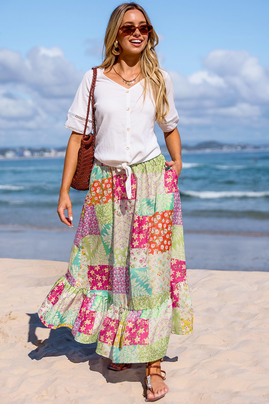 Floral Patchwork Ruffled Midi Skirt