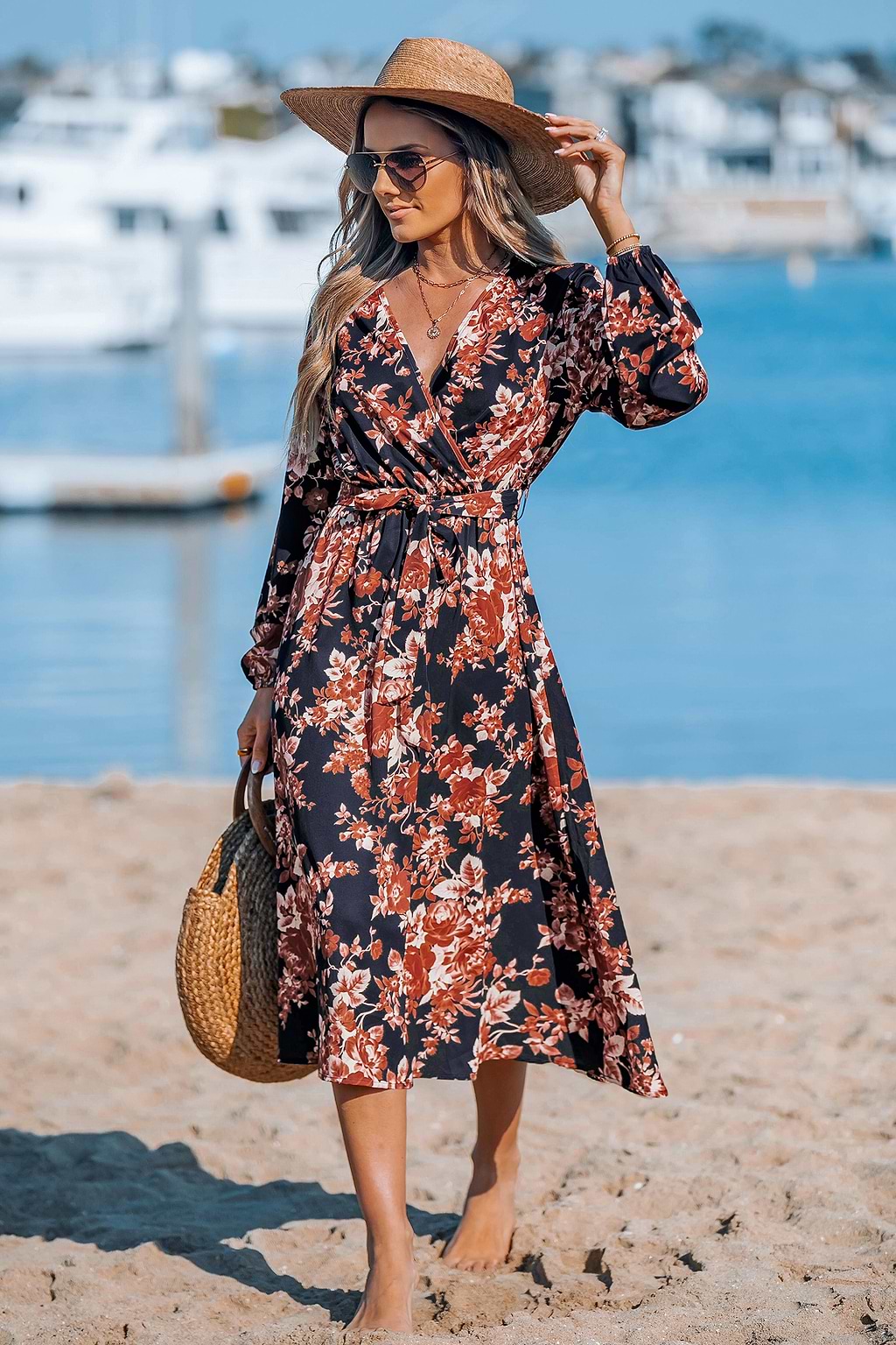 Dark Floral Blouson Sleeve Midi Dress