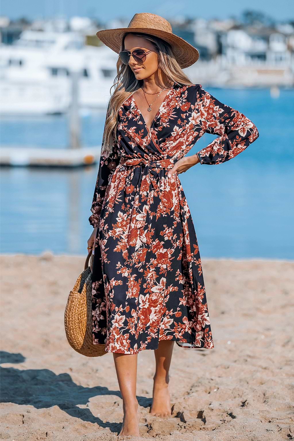 Dark Floral Blouson Sleeve Midi Dress