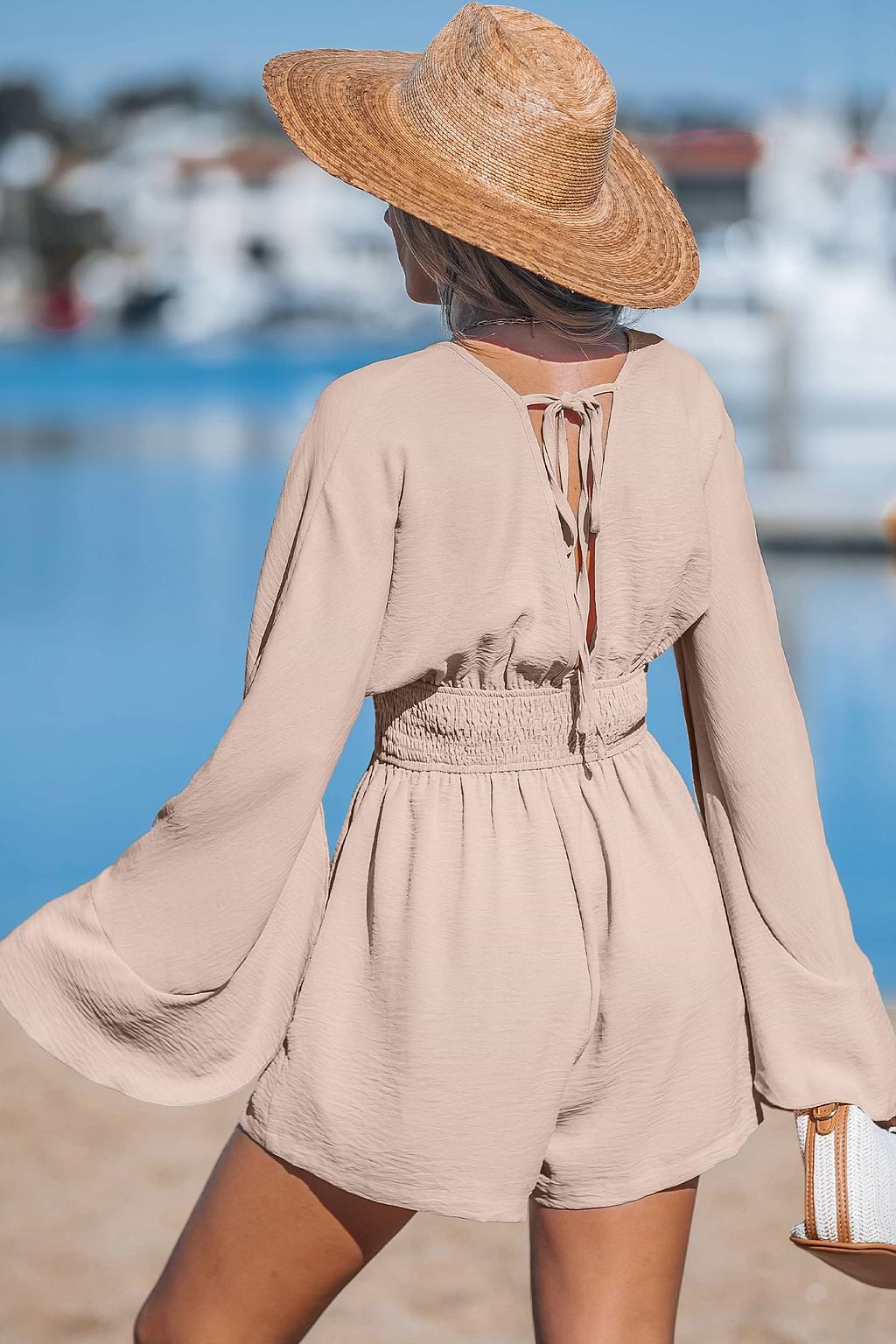 Beige Crinkle Surplice Romper