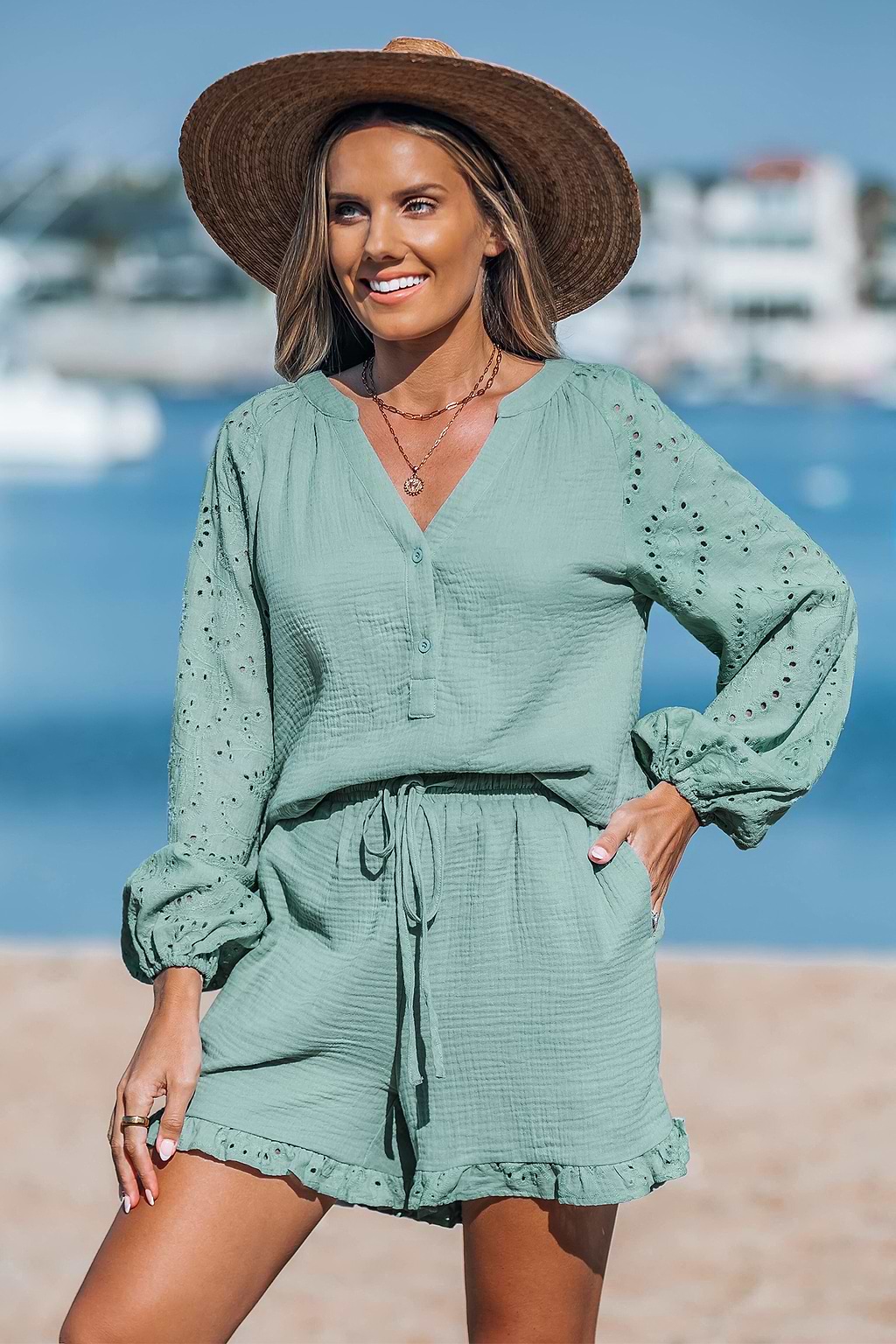 Sage Eyelet Long Sleeve Top & Relaxed Bottoms Set