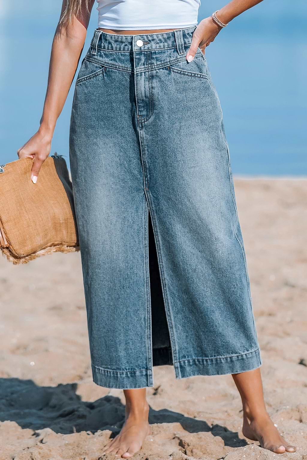 Denim Split Hem Midi Skirt