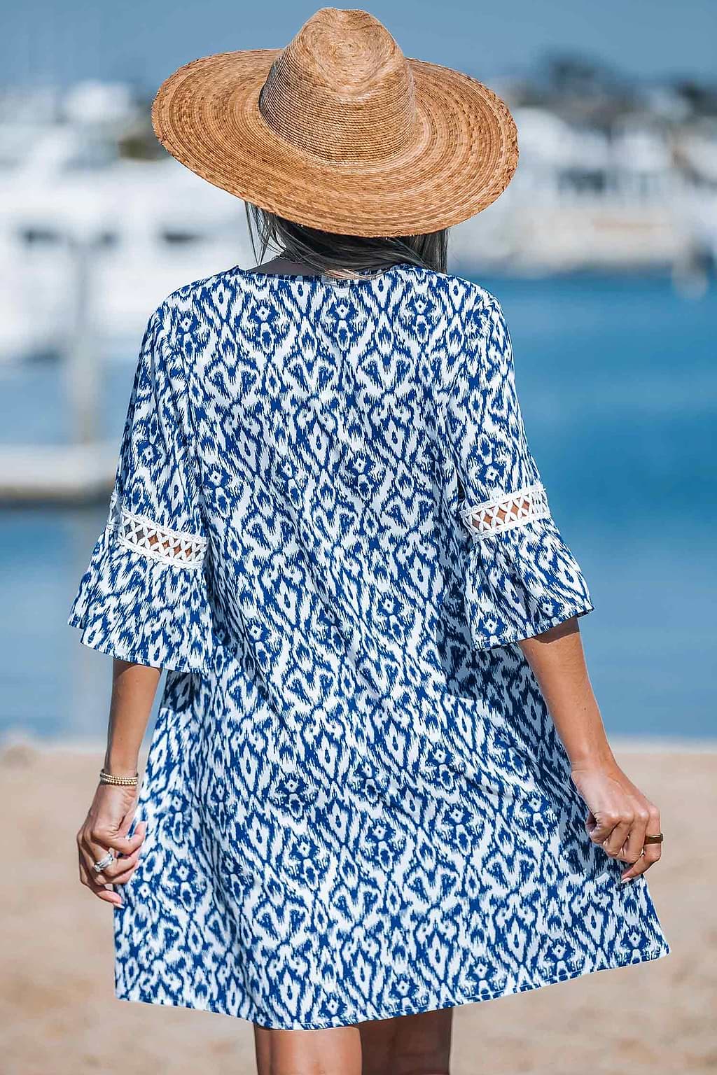 Blue Abstract Print Lace Pointelle Mini Dress