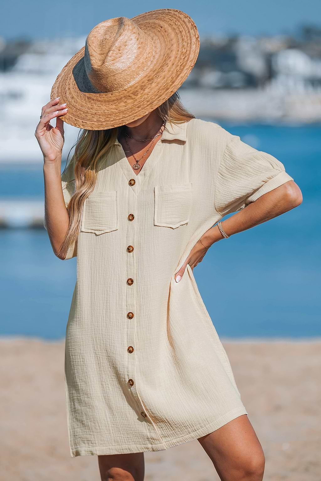 Beige Notched Collar Textured Mini Dress