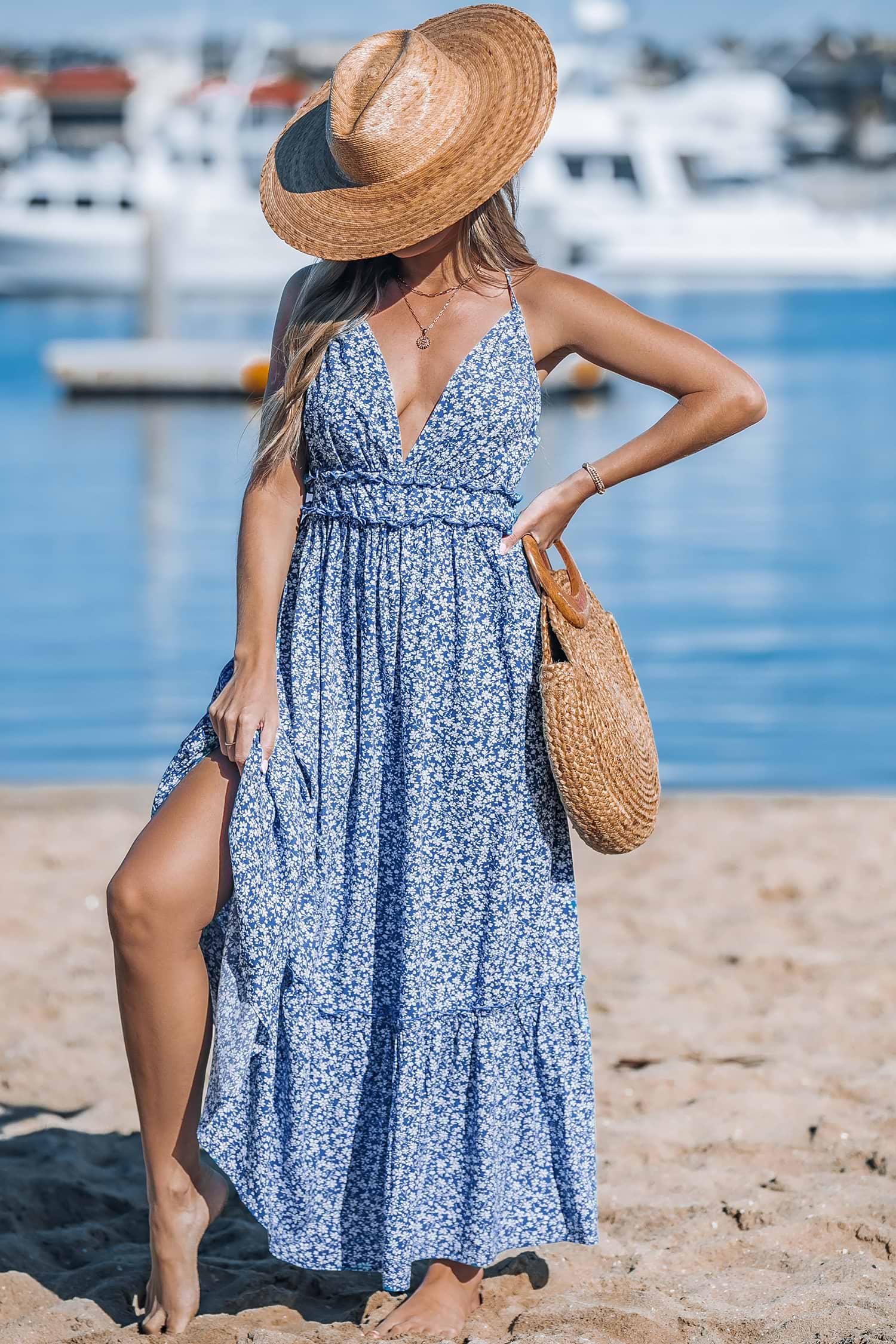 Indigo Blooms Plunge Neck Maxi Dress
