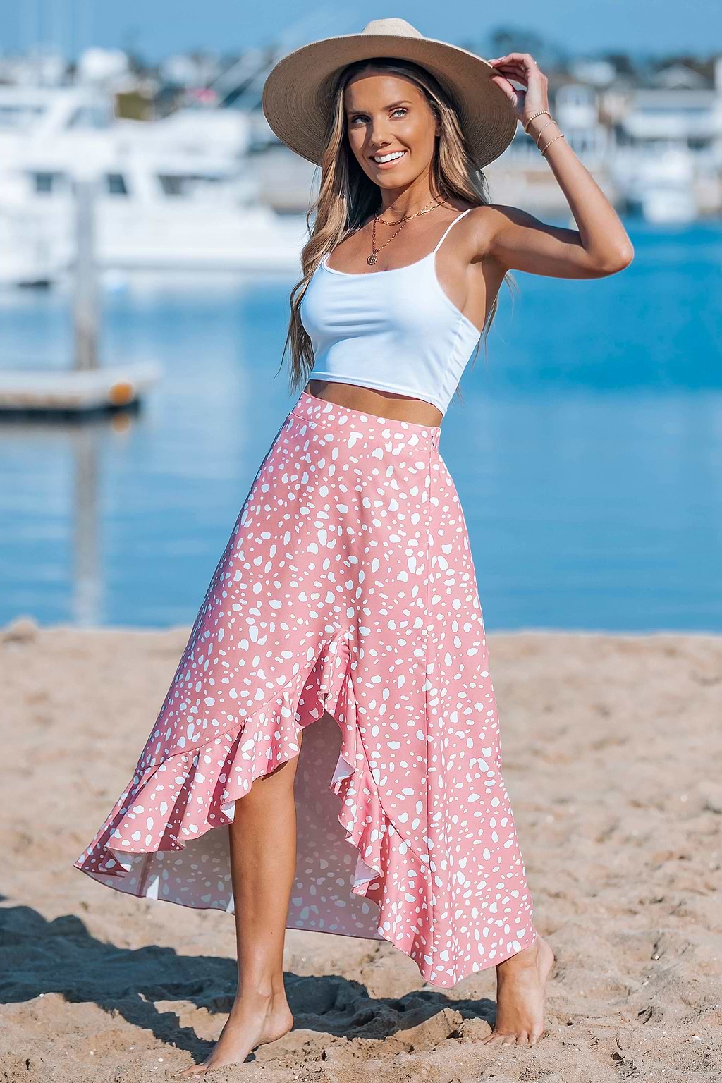 Abstract Dot Pink Ruffled Hem Skirt