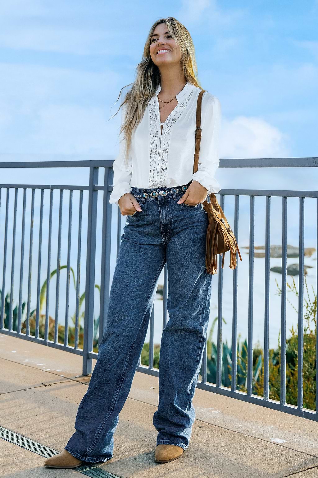 White Lacey Notched Neck Long Sleeve Blouse