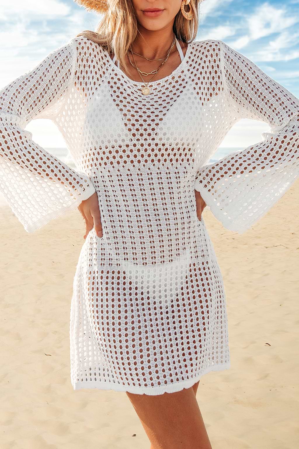 White Cutout Flared Sleeve Cover-up Dress
