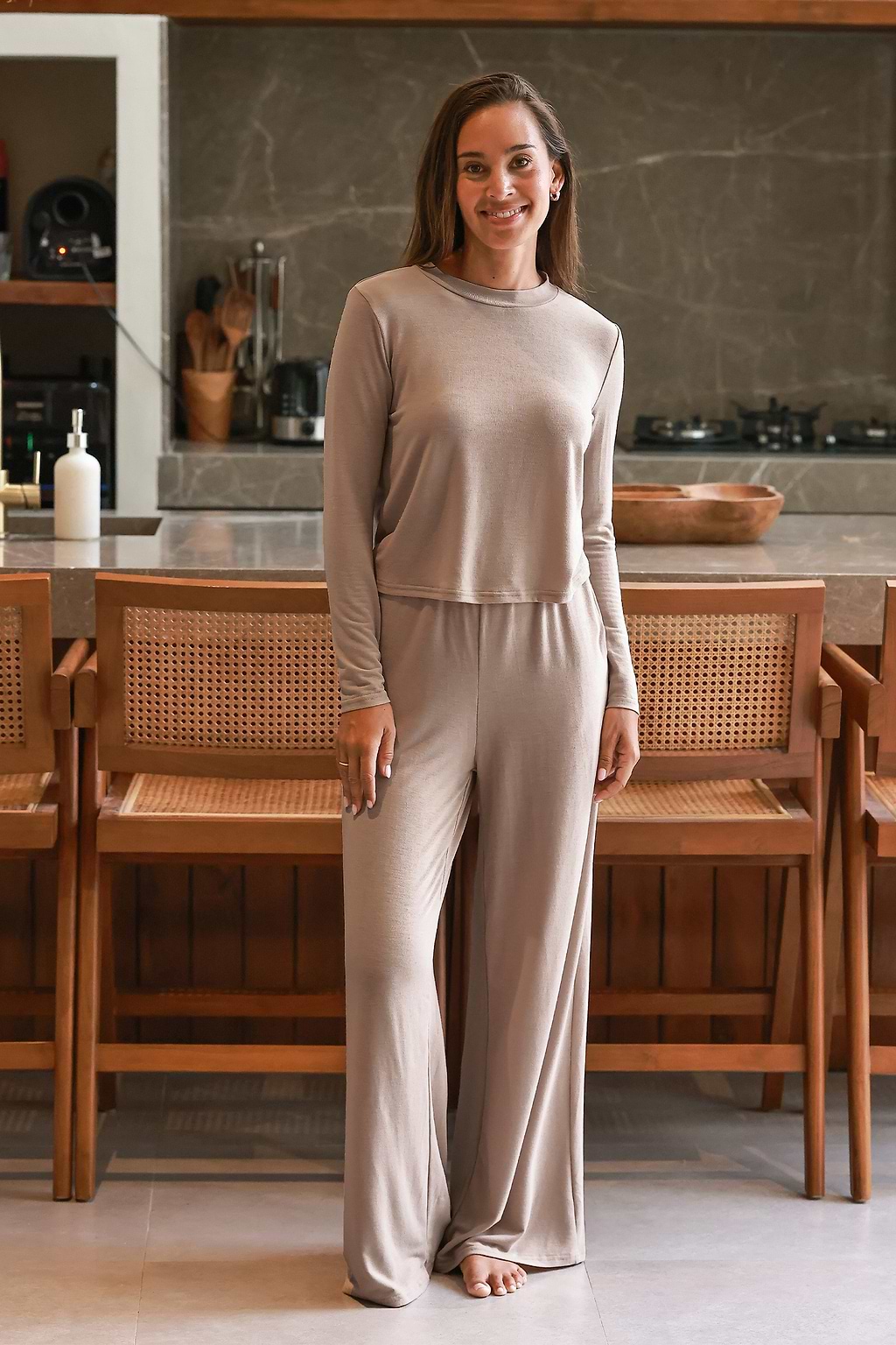 Neutral Long Sleeve Tee & Pajama Bottoms Set
