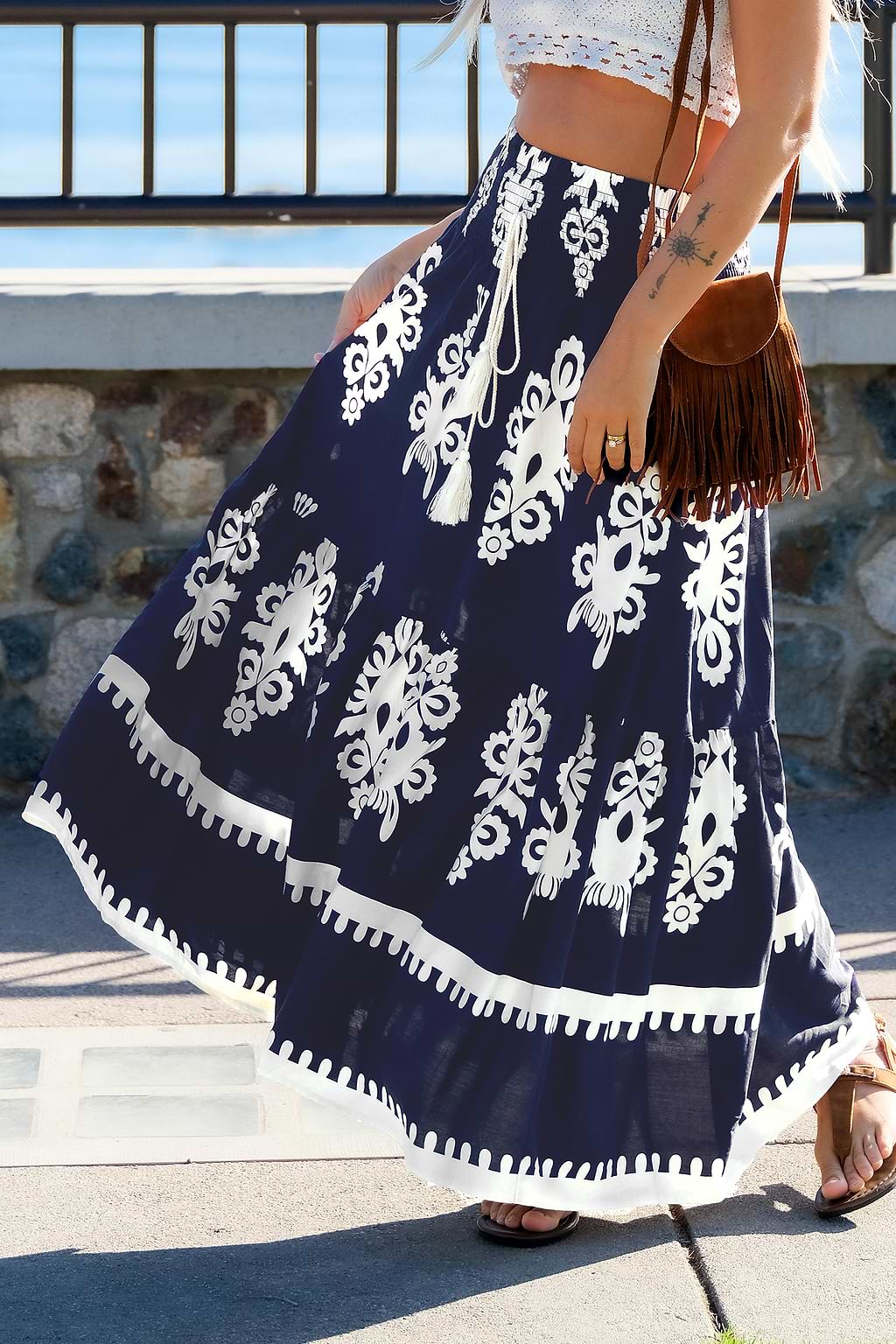 Boho Ornate Front-Tie Maxi Skirt