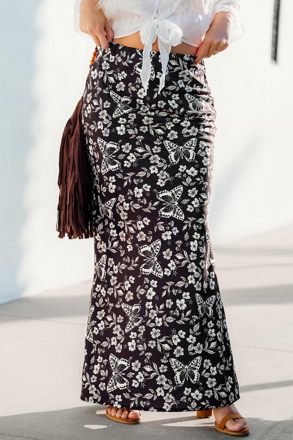 Black & White Floral Butterfly Maxi Skirt