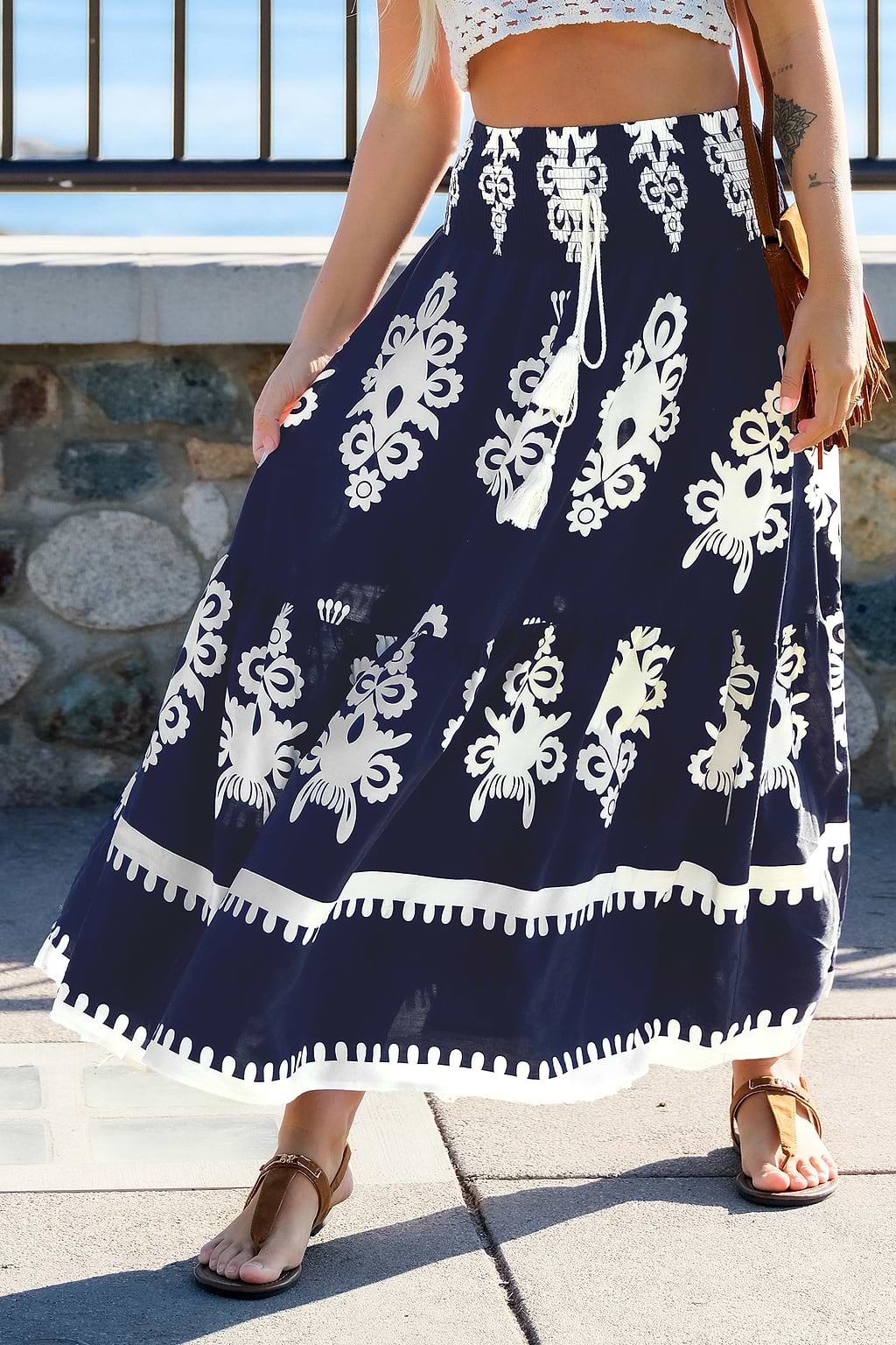 Boho Ornate Front-Tie Maxi Skirt