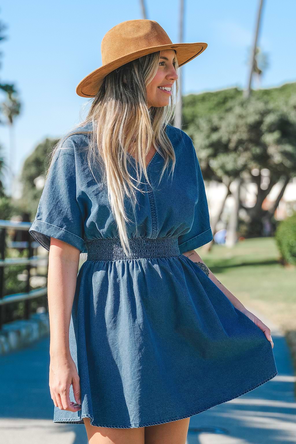 Denim V-Neck Smocked Waist Mini Dress