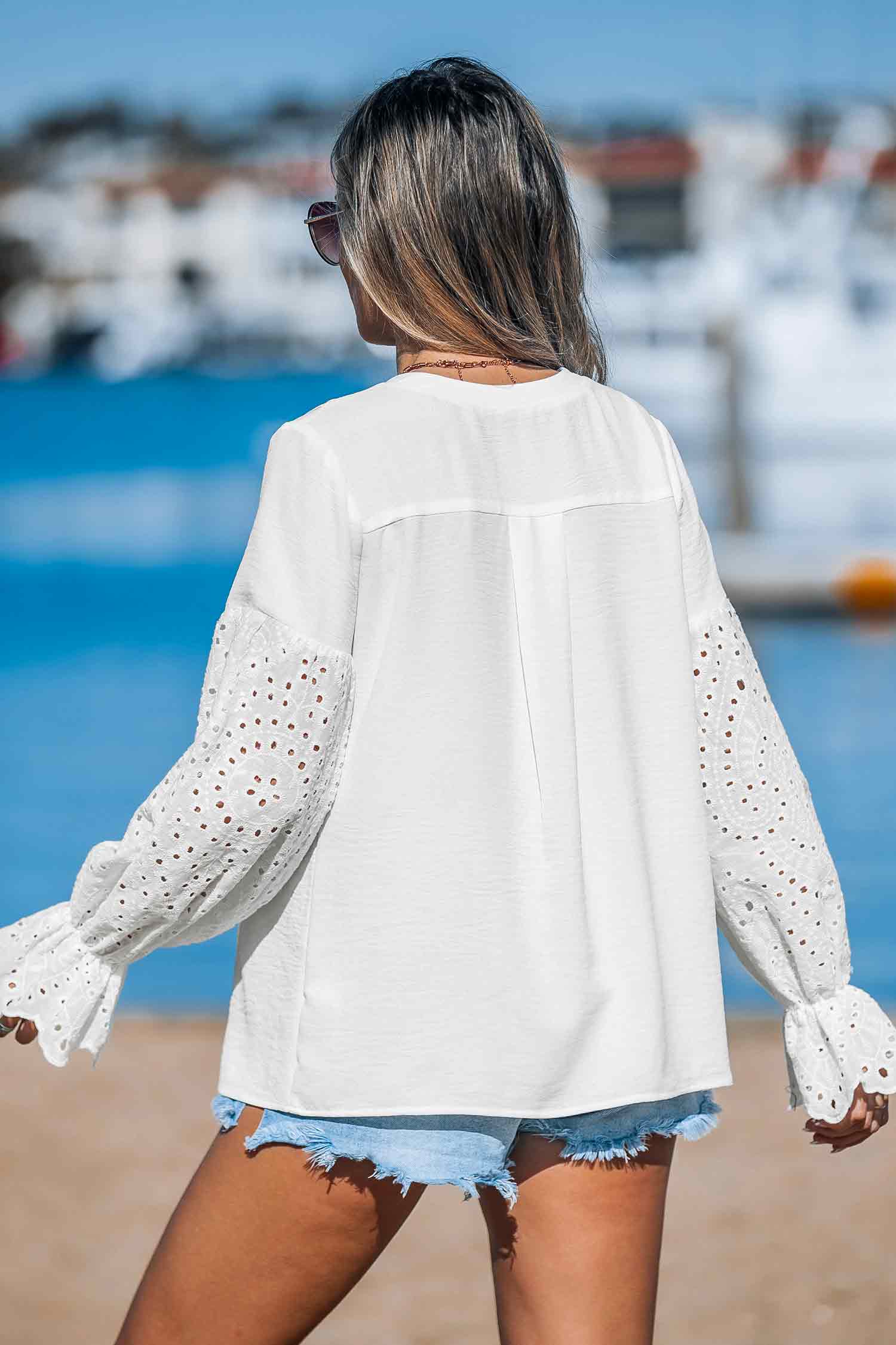White V-Neck Cutout Flared Sleeve Top