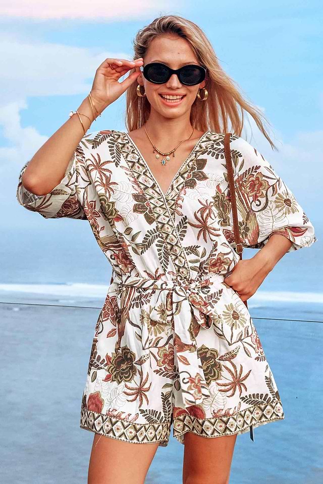 Style Casual Col V Combinaison Coton CUPSHE Femme - Manches Courtes Col V Poches - Style Décontracté Été Poches Avant Col V