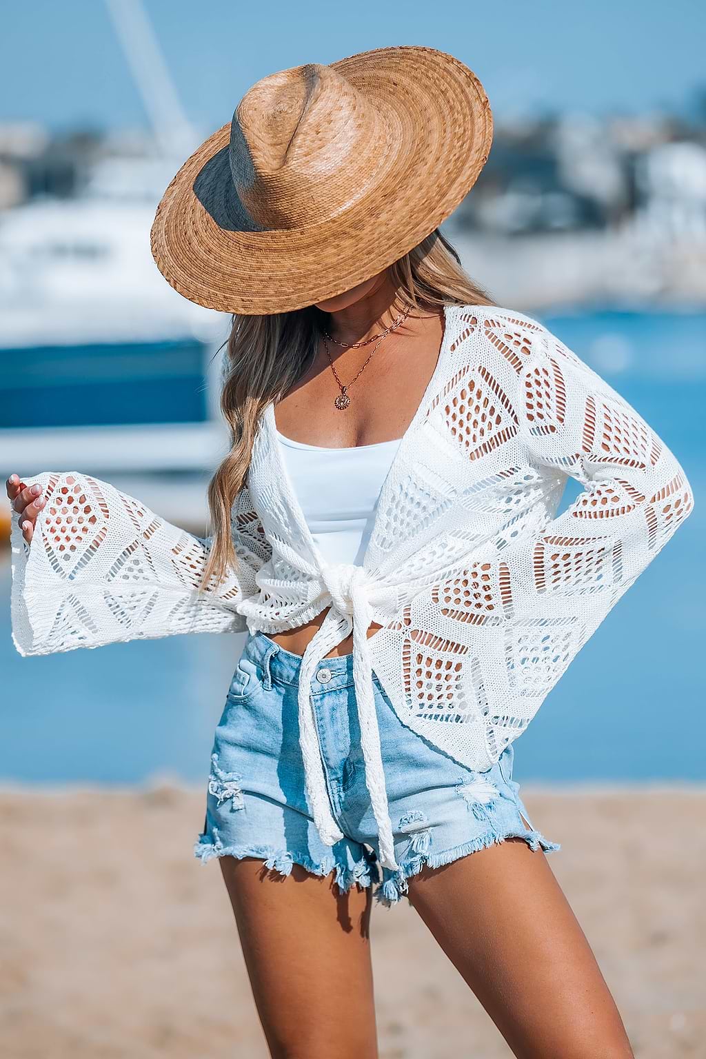 Crotchet Bell Sleeve Tie-Front Cover-Up Top