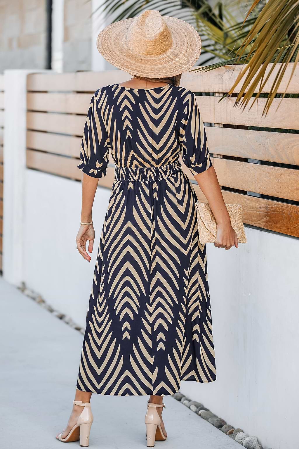 Abstract Palm Surplice Short Sleeve Midi Dress