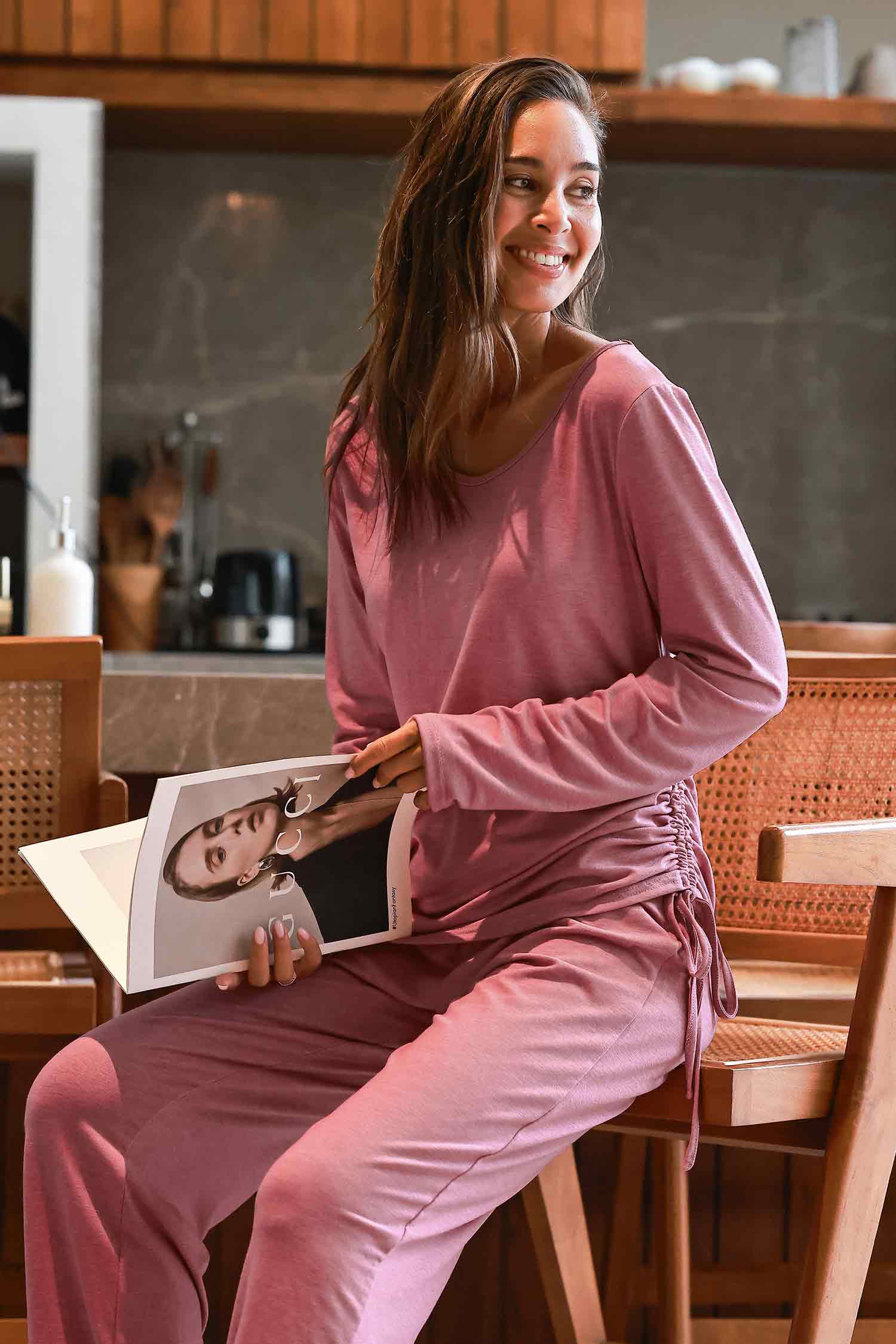 Rosa Rundhals Langarm-Pyjama-Set