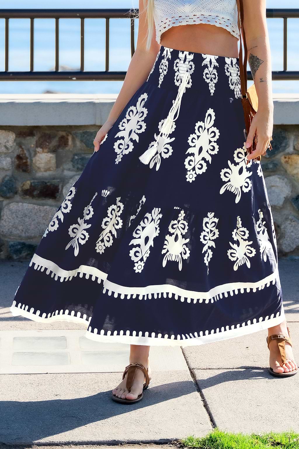 Boho Ornate Front-Tie Maxi Skirt