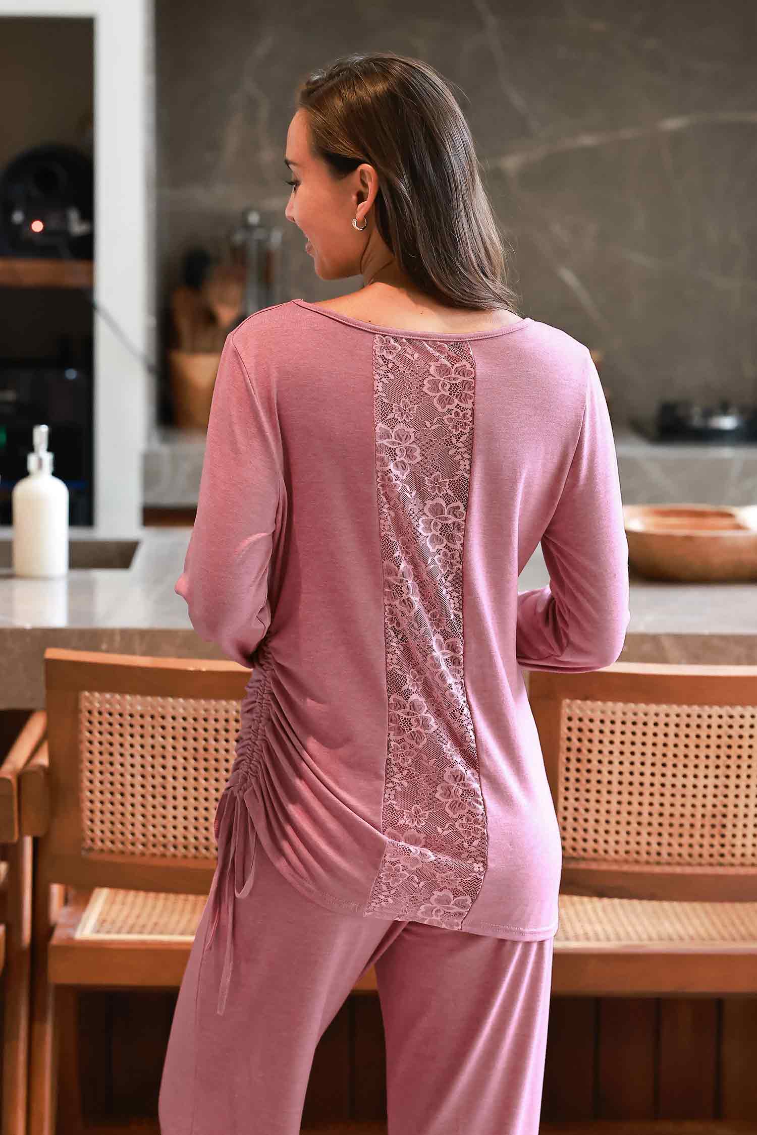 Rosy Asymmetrical Long Sleeve Top & Pajama Bottoms Set