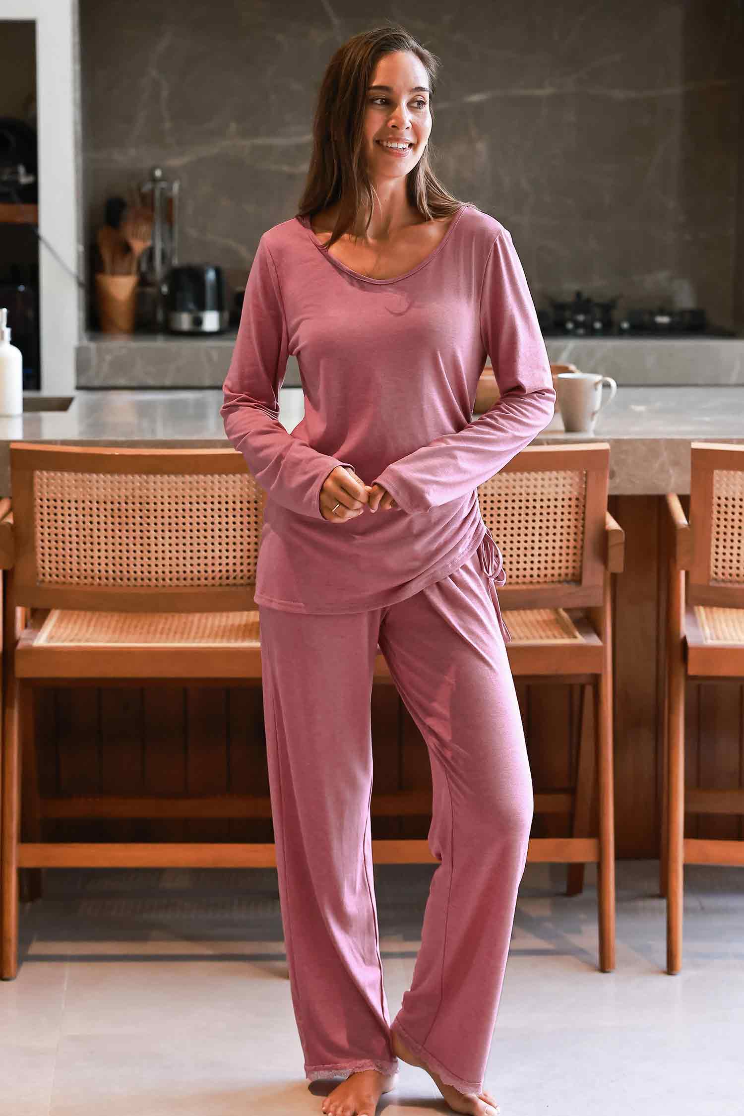 Rosa Rundhals Langarm-Pyjama-Set