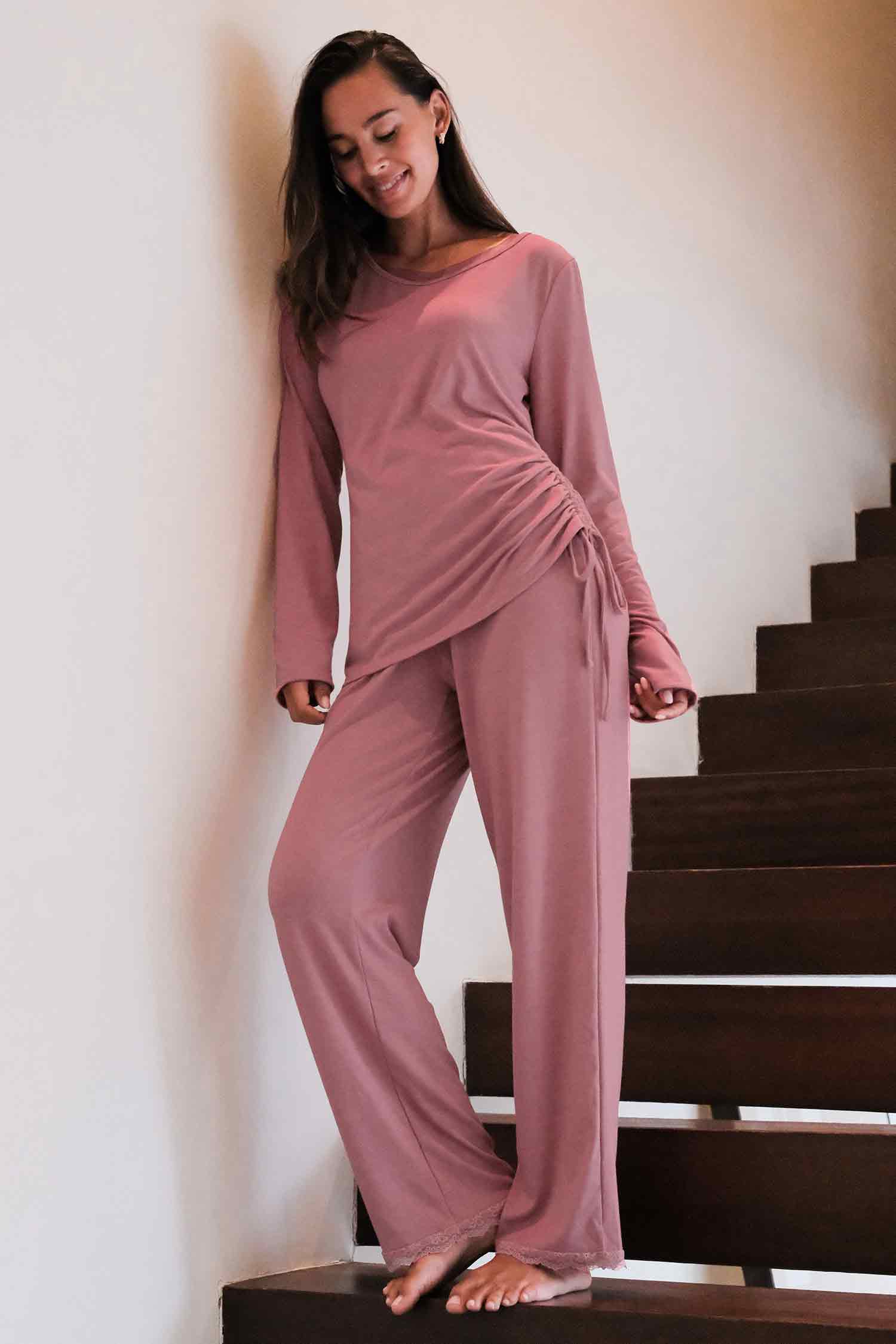 Rosa Rundhals Langarm-Pyjama-Set