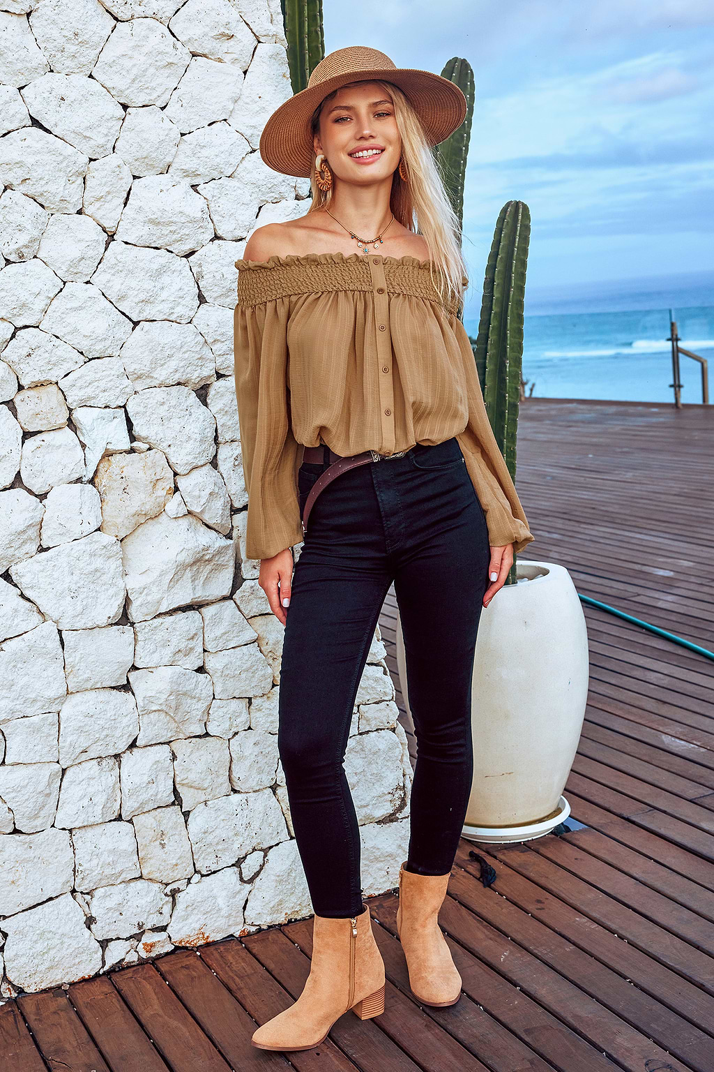 Latte Off-Shoulder Long Sleeve Blouse