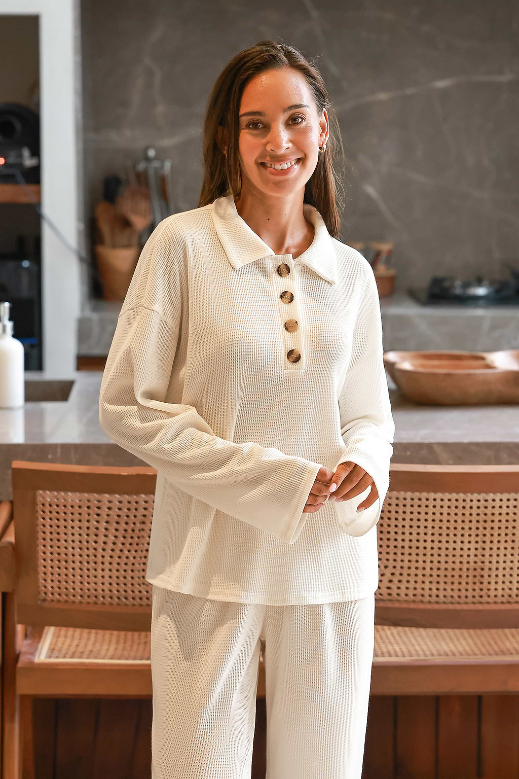 Langärmeliges Waffelstrick-Pyjama-Set aus Oberteil und Hose