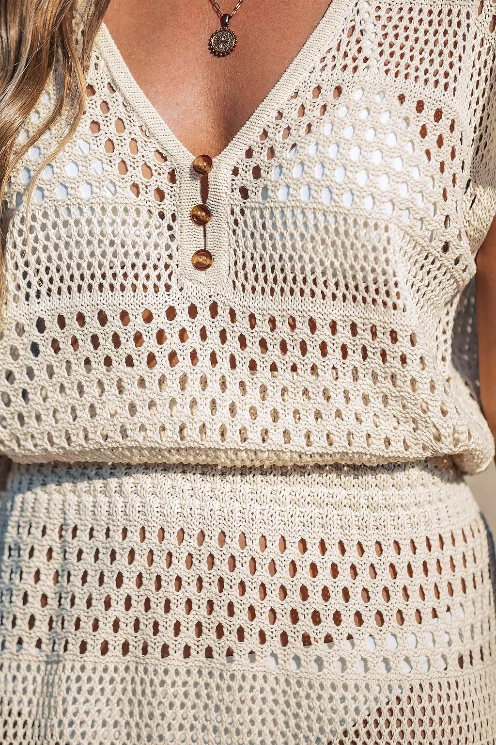 Beige Crochet V-Neck Short Sleeve Cover-Up Mini Dress