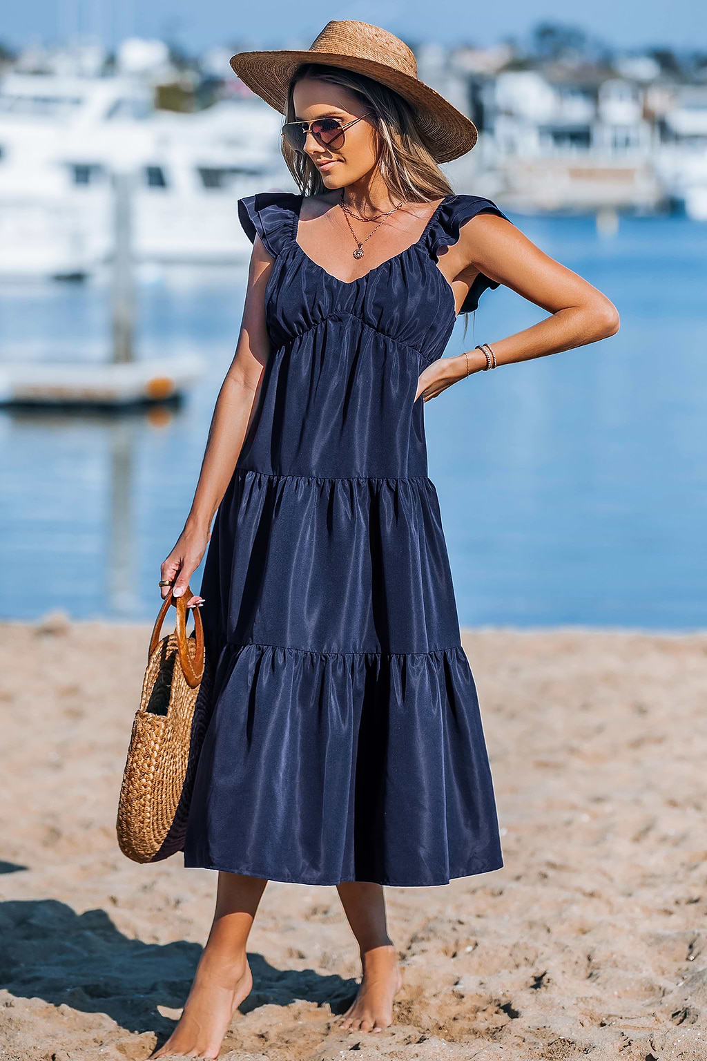 Navy Blue Sweetheart Neck Midi Dress