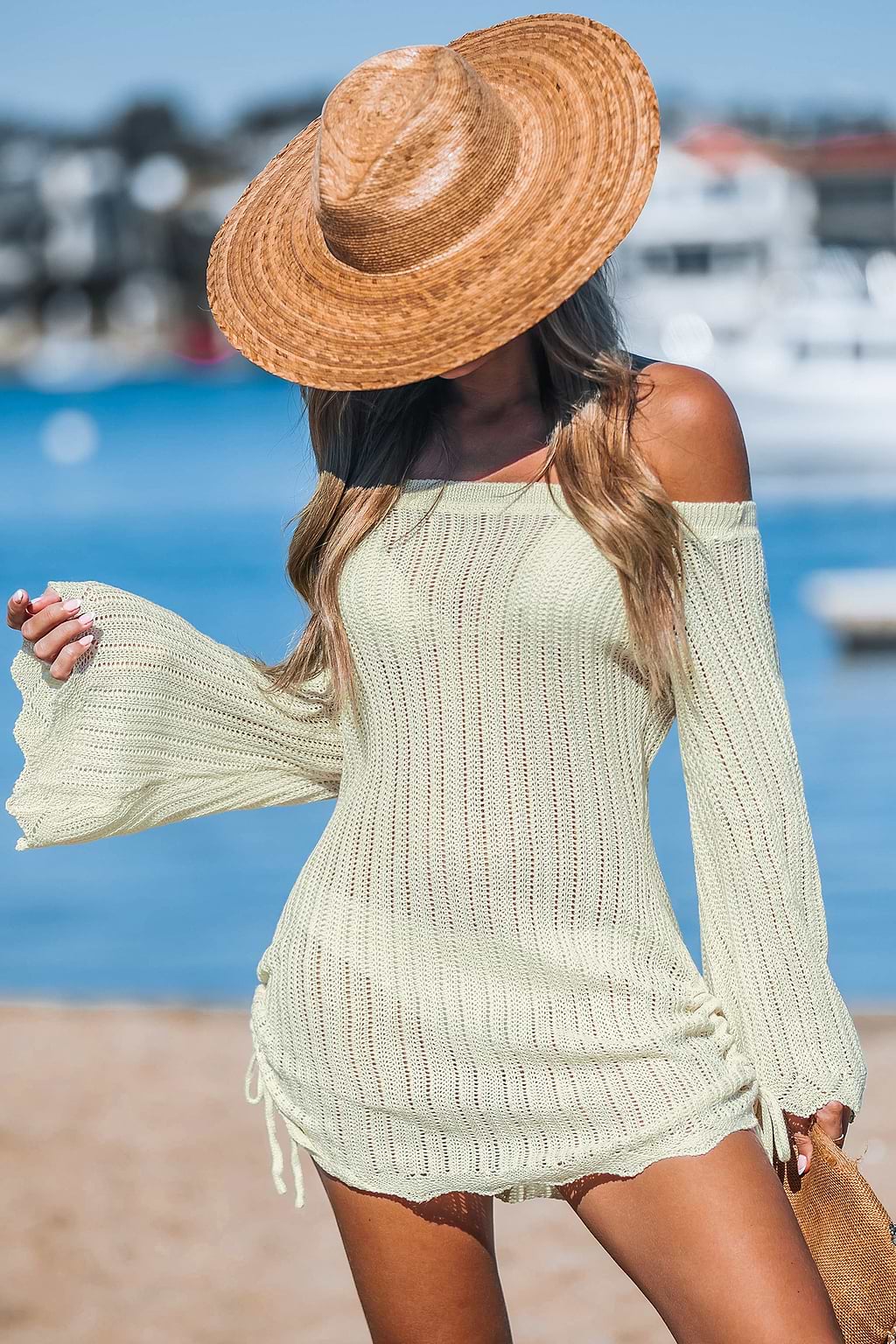 Light Yellow Off-Shoulder Bell Sleeve Cover-Up Mini Dress