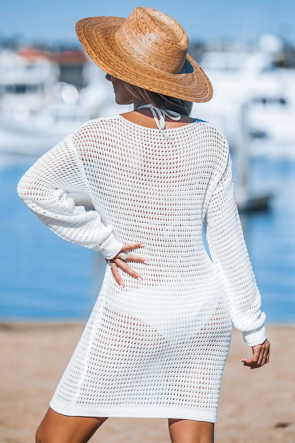 Beige V-Neck Crochet Cover-Up