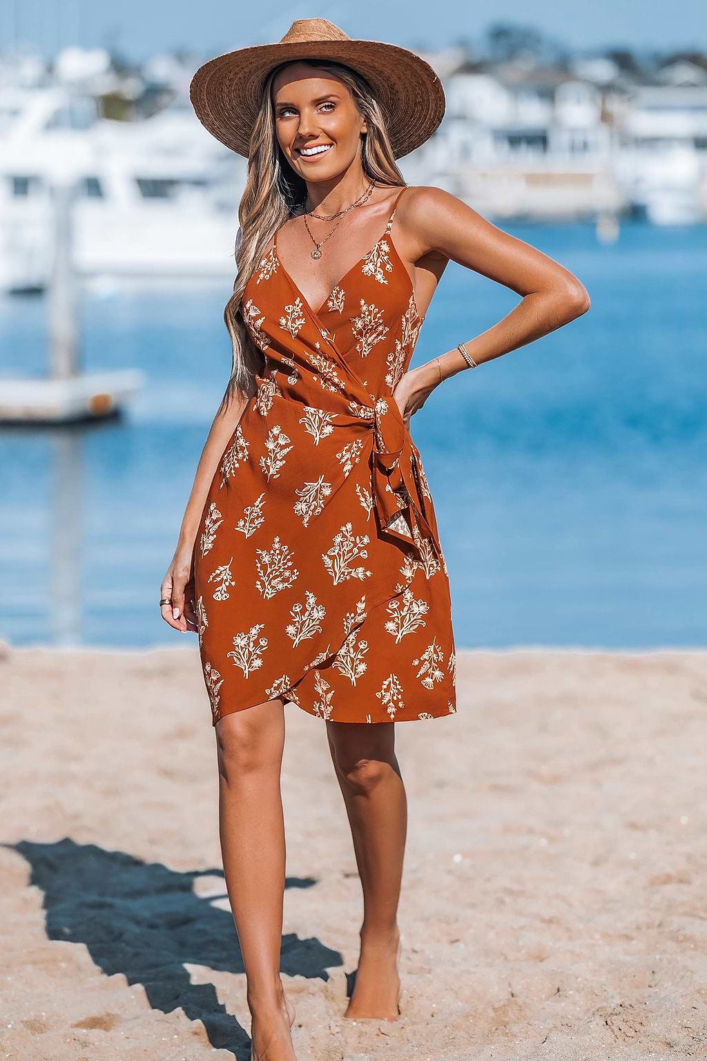 Brown Wildflowers Wrap Mini Dress