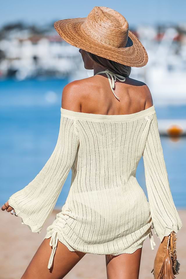 Light Yellow Off-Shoulder Bell Sleeve Cover-Up Mini Dress