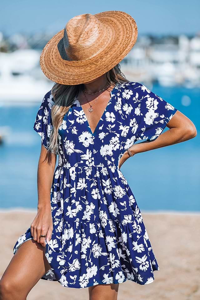 Robe courte à col cranté bleu marine