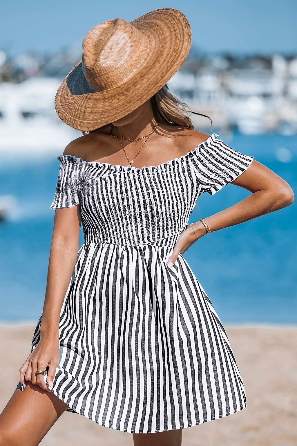 Striped Off-Shoulder Smocked Mini Dress