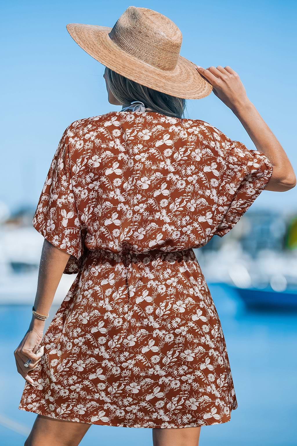 Brown Floral Plunging Dolman Sleeve Cover-Up