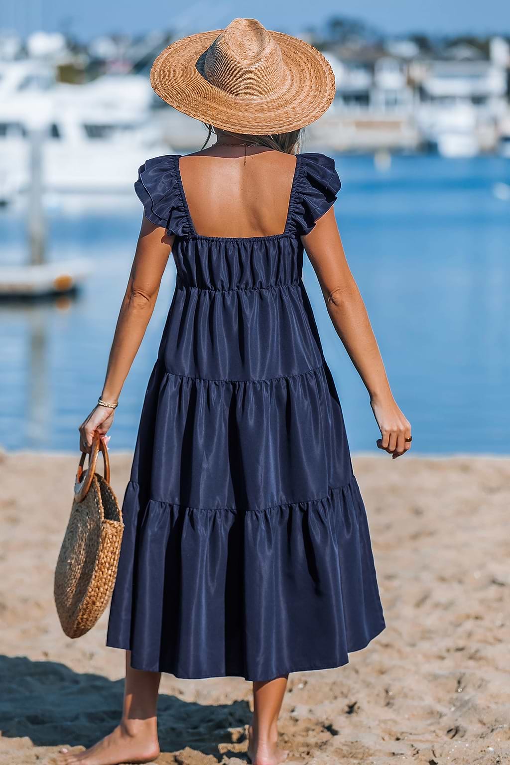 Navy Blue Sweetheart Neck Midi Dress