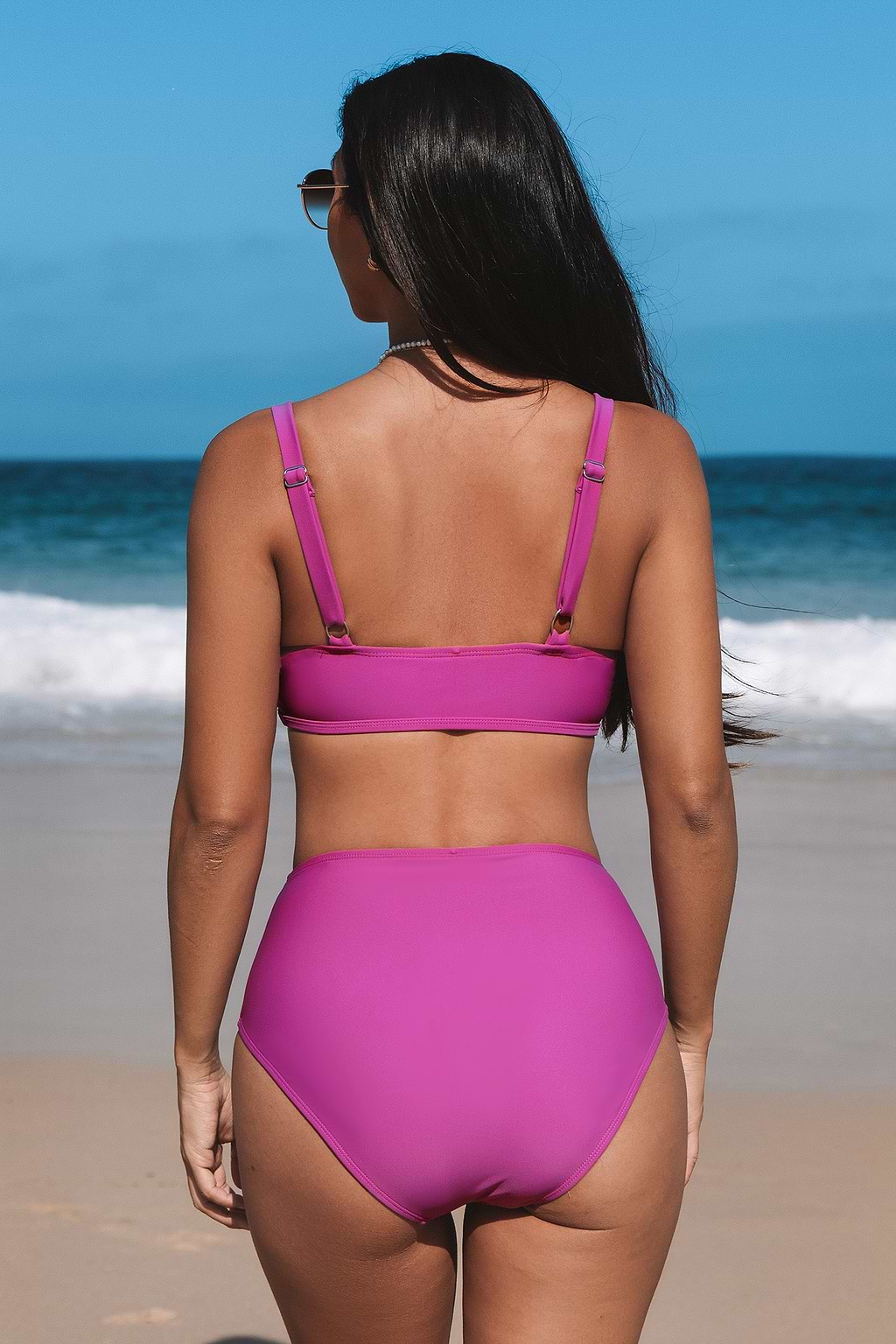 Magenta Scoop Neck Bralette Bikini Top & High-Waisted Bottoms Set