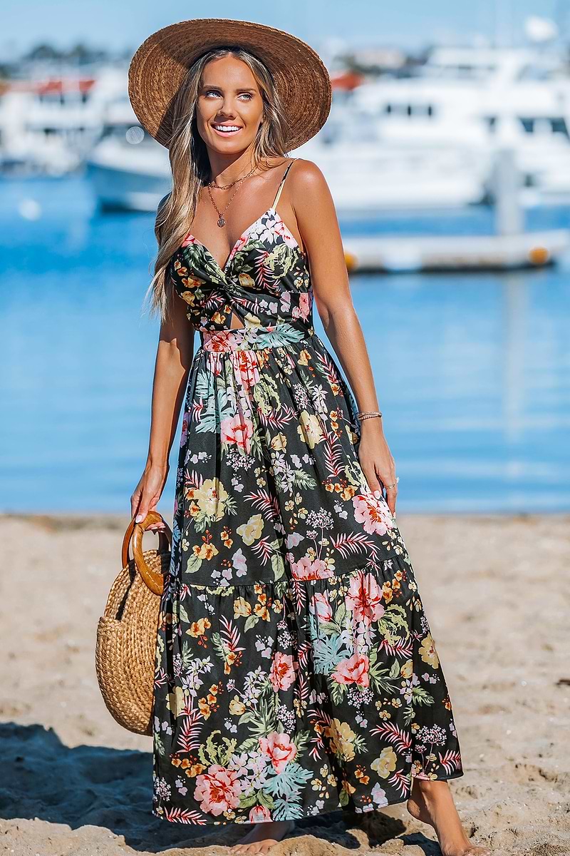 Tropical Flowers Keyhole Maxi Dress