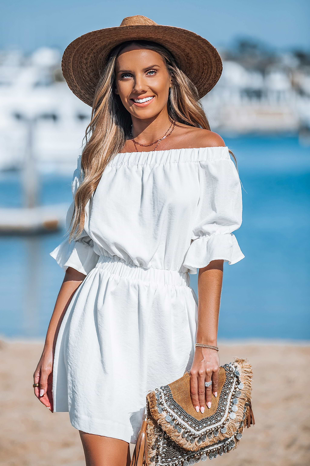 White Off-Shoulder Ruffled Trim Mini Dress
