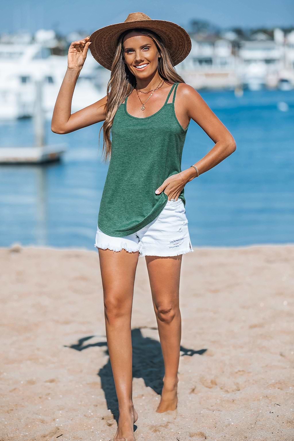 Green Scoop Neck Double Strap Tank Top