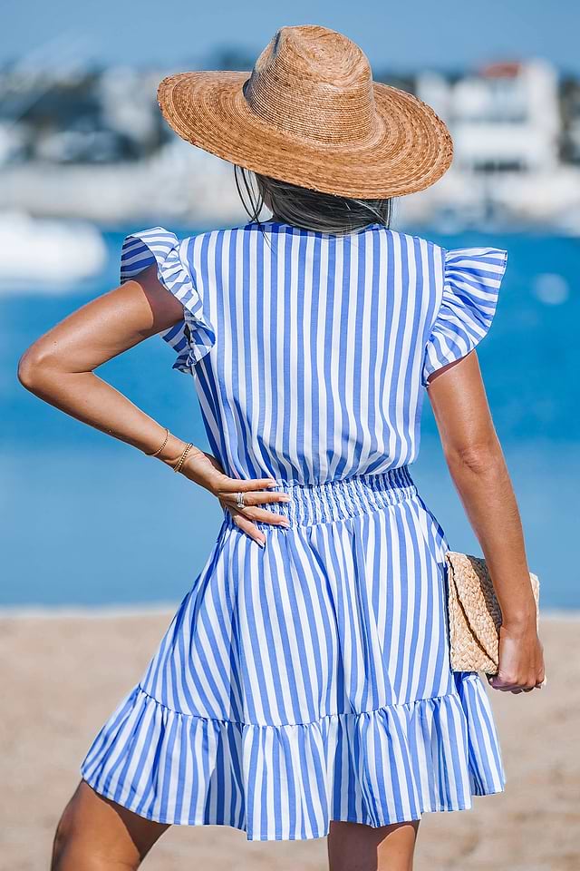 striped cotton sleeveless surplice dress Striped Cotton Sleeveless Surplice Dress