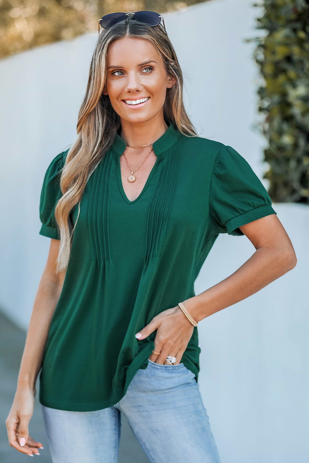 Green Notched Neck Short Sleeve Top